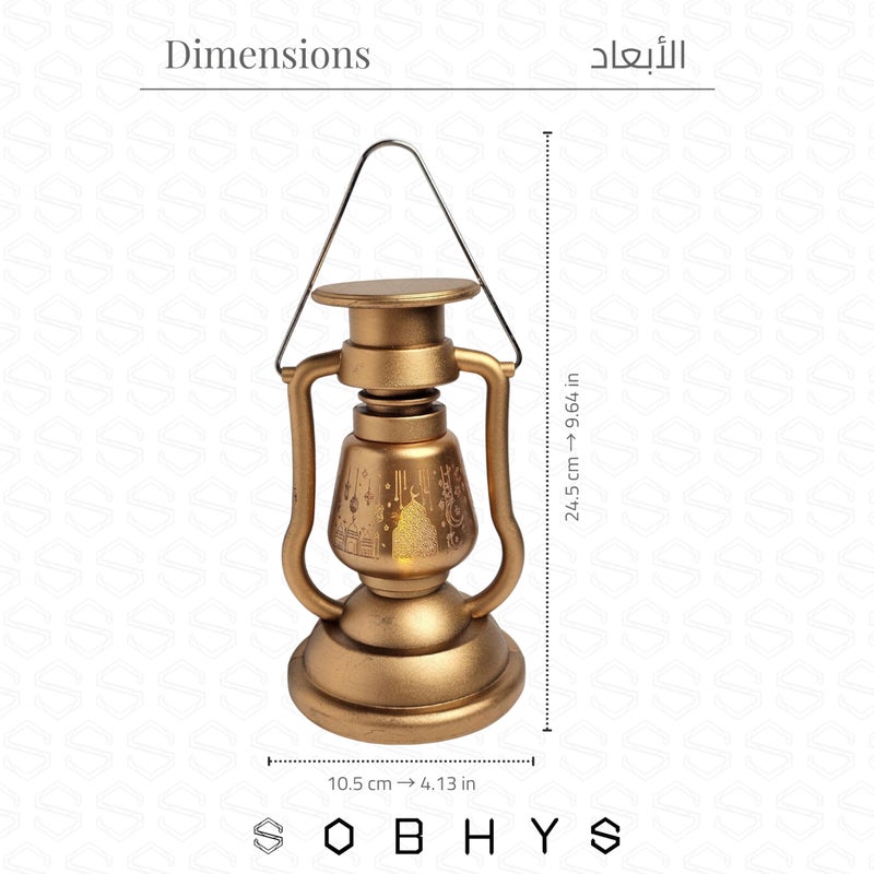 SOBHYS Heritage Glowing Ramadan Fanoos, 24.5cm LED Lantern with Flickering Candle Effect, Islamic Art Hanging Decor, Metallic Finish, Battery Powered (1, GOLD) - Image 2